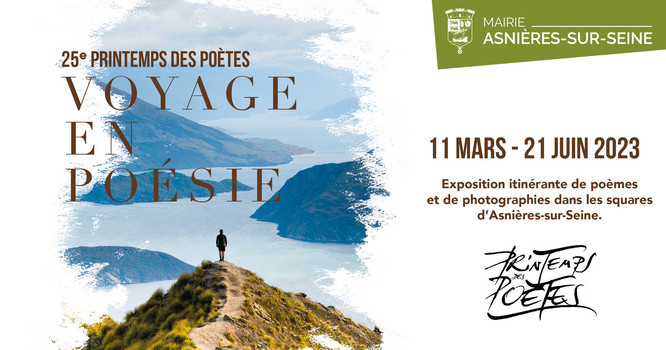 Une affiche du 25ème printemps des poètes le Voyage en poésie du 11 mars au 21 juin 2023