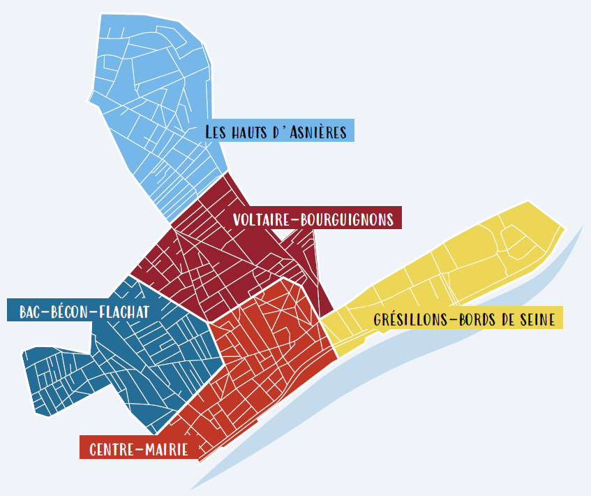 Carte d'Asnières-sur-Seine délimitant les conseils consultatifs de quartier