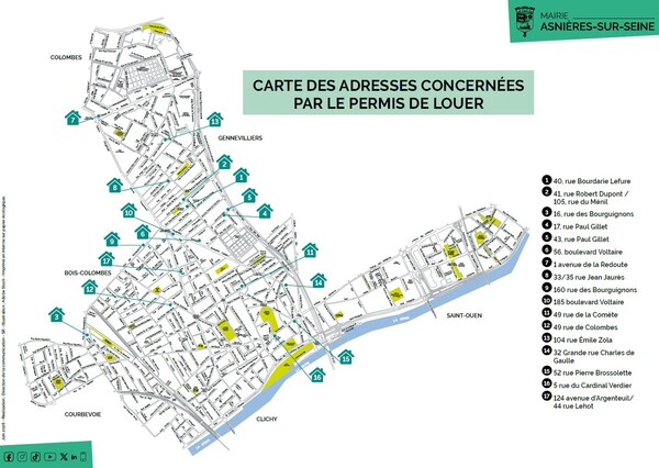 40, rue Bourdarie Lefure 41, rue Robert Dupont / 105, rue du Ménil 16, rue des Bourguignons 17, rue Paul Gillet 43, rue Paul Gillet 56, boulevard Voltaire 1 avenue de la Redoute 33/35 rue Jean Jaurès 160 rue des Bourguignons 185 boulevard Voltaire 49 rue de la Comète 49 rue de Colombes 104 rue Émile Zola 32 Grande rue Charles de Gaulle 52 rue Pierre Brossolette 5 rue du Cardinal Verdier 124 avenue d’Argenteuil/ 44 rue Lehot