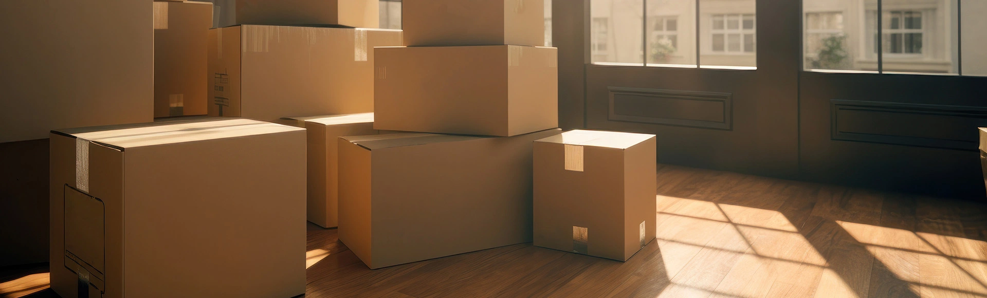 Visuel décoratif représentant un tas de cartons au milieu d'un intérieur d'appartement.