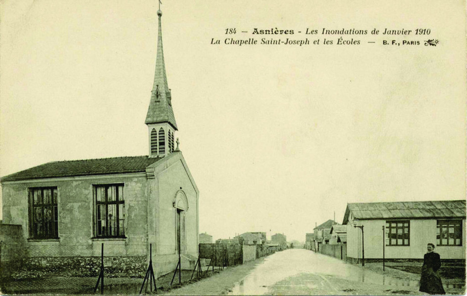 Une photo historique des inondations de janvier 1910 de La Chapelle Saint-Joseph et les Ecoles