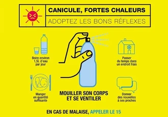 Une affiche de prévention sur la canicule et les fortes chaleurs et les bons réflexes à adopter.