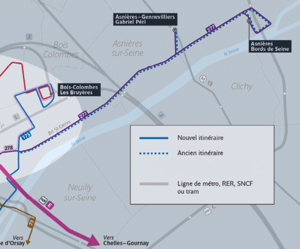 Carte représentant la ligne de bus 277 reliant le quartier d'asnières Grésillons Bords de Seine à Nanterre, en passant par le centre-ville.