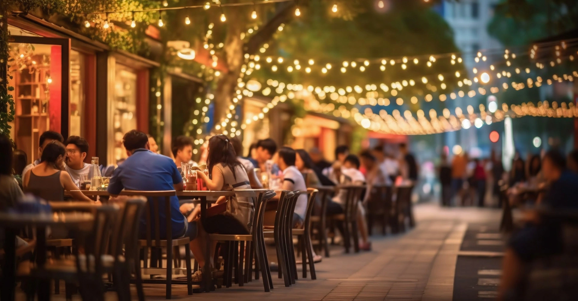 Visuel décoratif représentant des personnes en terrasse en extérieur.