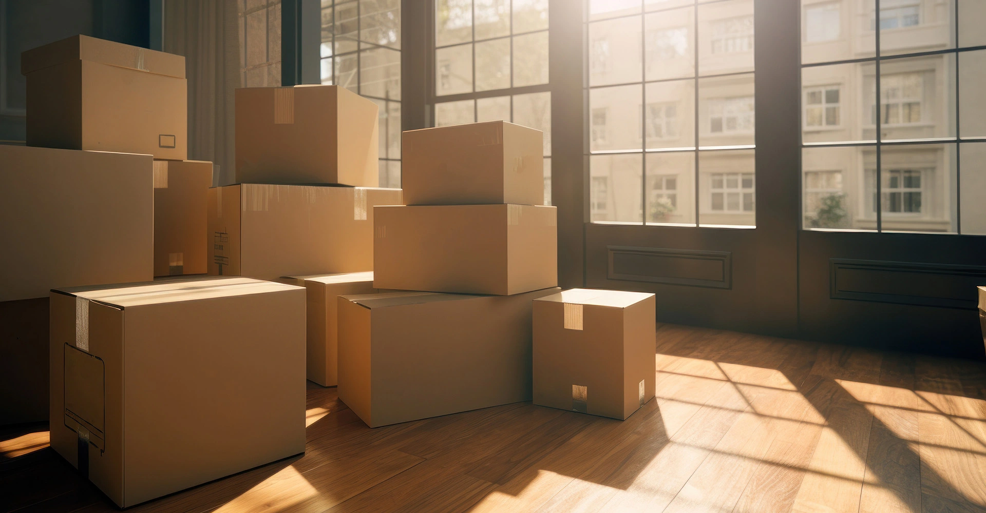 Visuel décoratif représentant un tas de cartons au milieu d'un intérieur d'appartement.