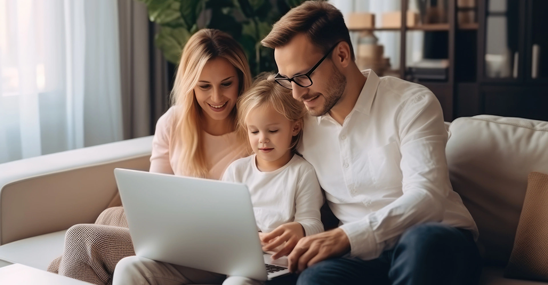 Visuel décoratif représentant une famille assise sur un canapé, regardant quelque chose sur un ordinateur.