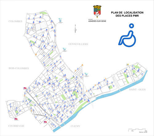 Carte de la ville d'Asnières-sur-Seine indiquant la répartition des places de stationnement pour Personnes à Mobilité Réduite (mise à jour avril 2026)