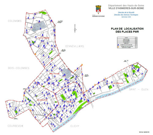 Carte de la ville d'Asnières-sur-Seine indiquant la répartition des places de stationnement pour Personnes à Mobilité Réduite (mise à jour septembre 2024)